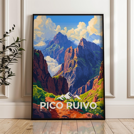 Pico Ruivo Travel Poster, Portugal Hiking Illustration
