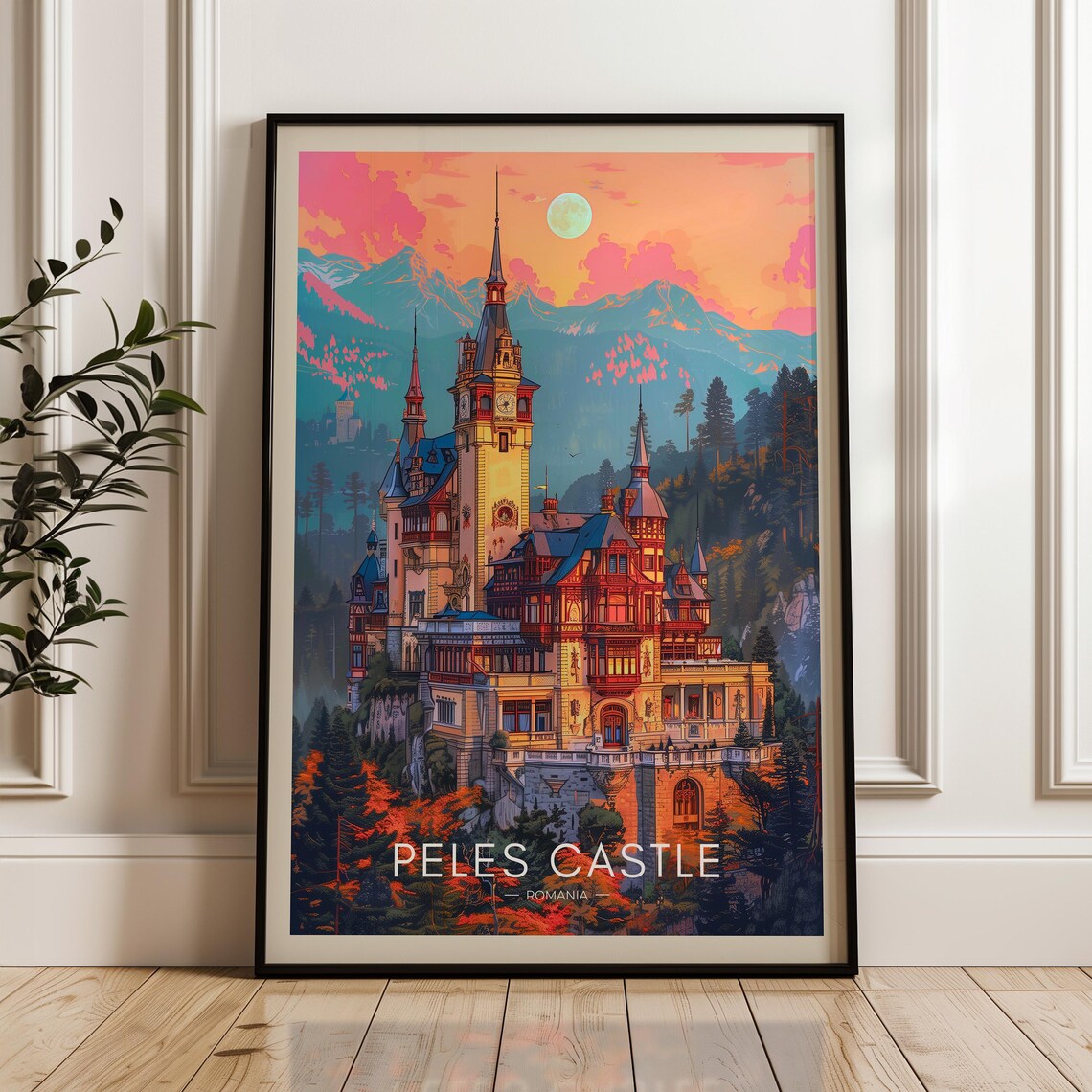 Peles Castle Travel Poster, Romania Mountain Art Print