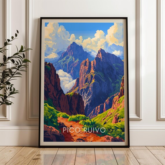 Pico Ruivo Travel Poster, Portugal Hiking Illustration
