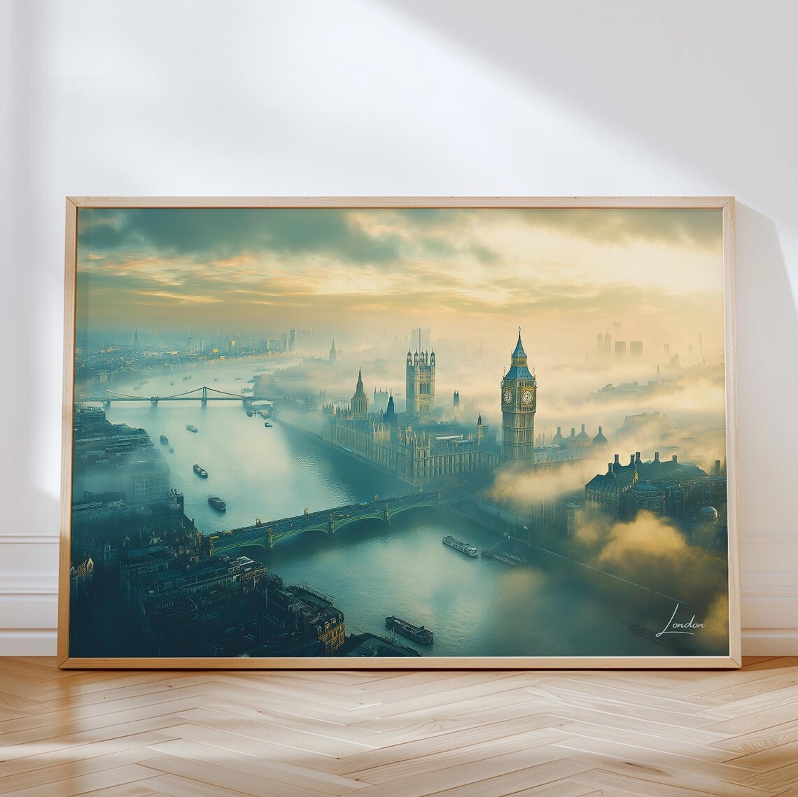 London Foggy Big Ben Thames River Morning Cityscape Travel Poster