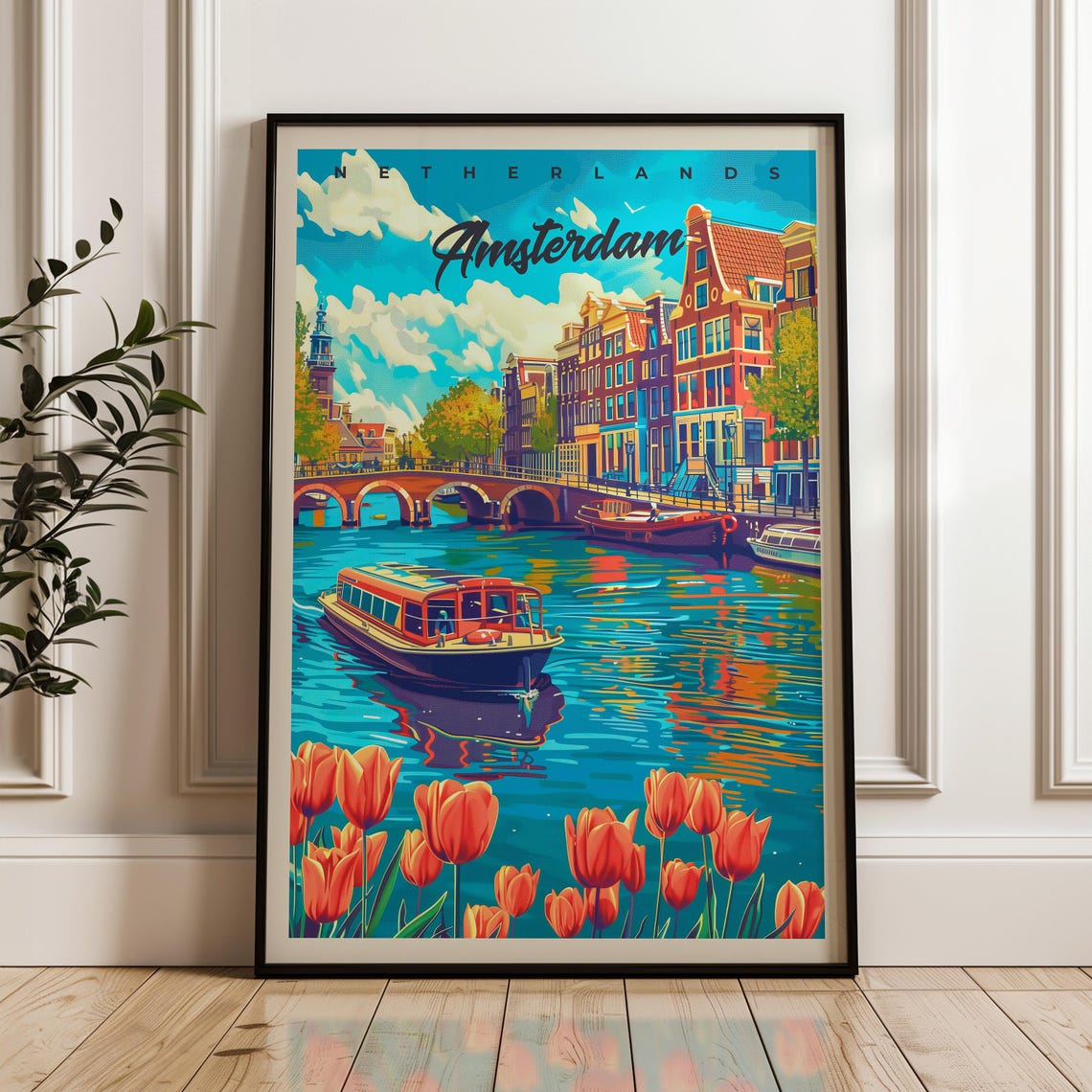 Amsterdam Netherlands Canal Tulips Boat Historic Houses Poster