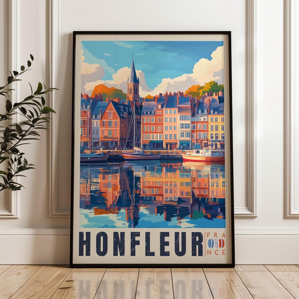 Honfleur France Colorful Harbor Reflection Old Port Town Travel Poster