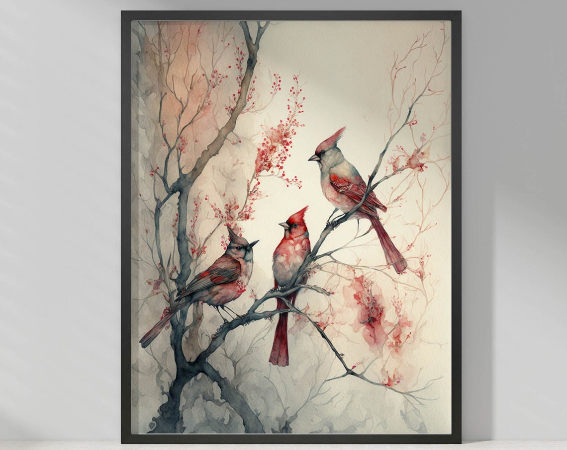 Three Northern Cardinals Winter Berry Branch Watercolor Print