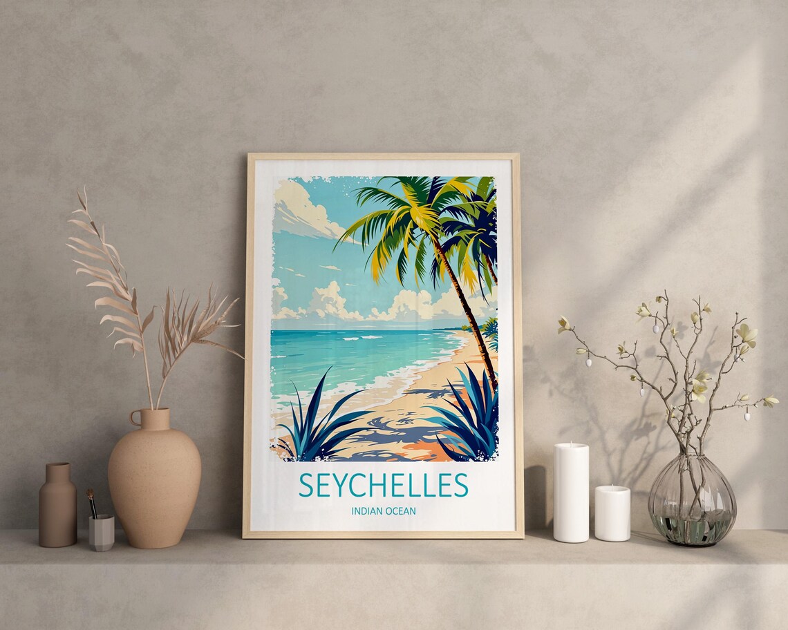 Seychelles Indian Ocean Palm Beach Tropical Shoreline Travel Poster - Image 2