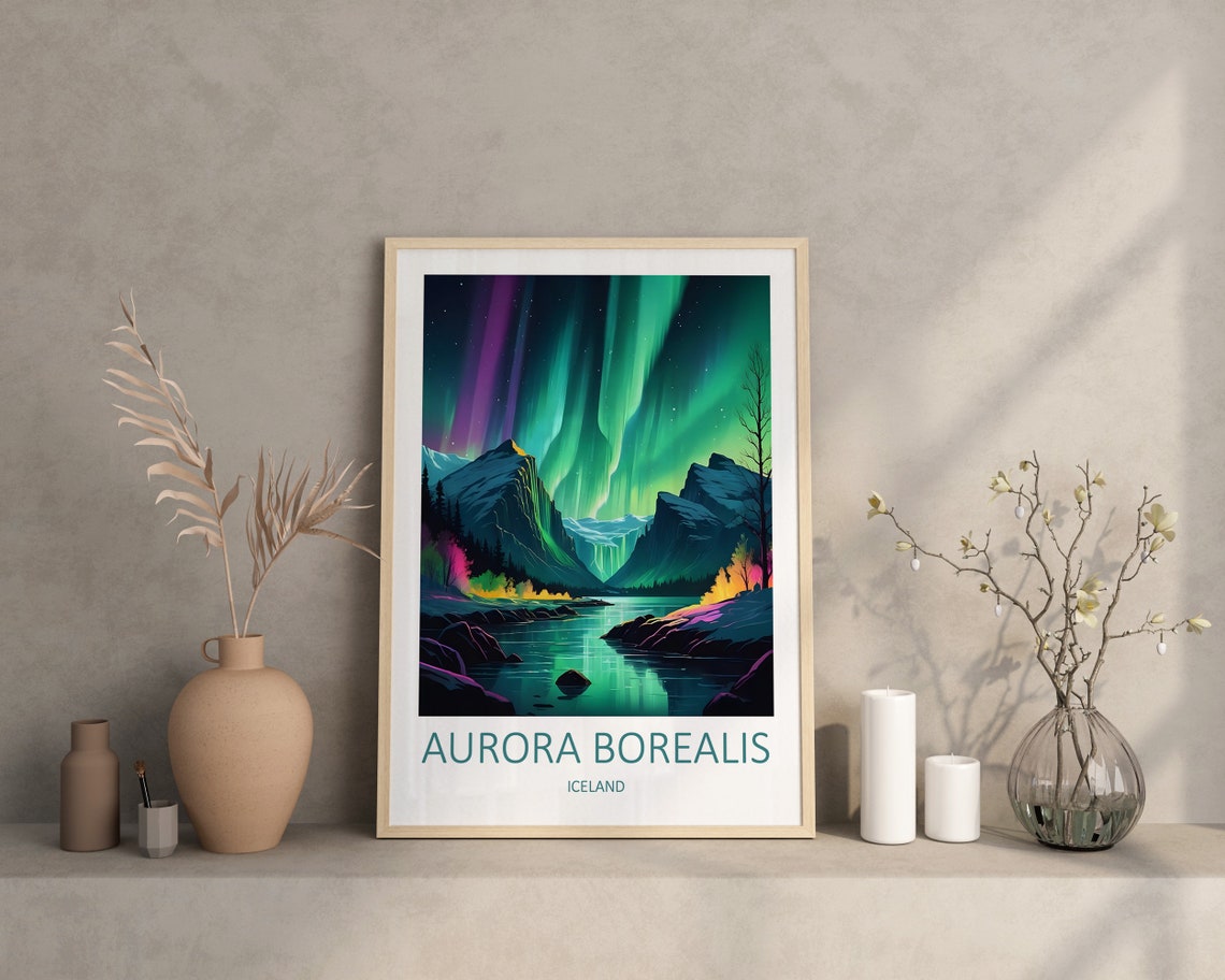 Aurora Borealis Iceland Night Mountain Lake Glow Travel Poster - Image 4