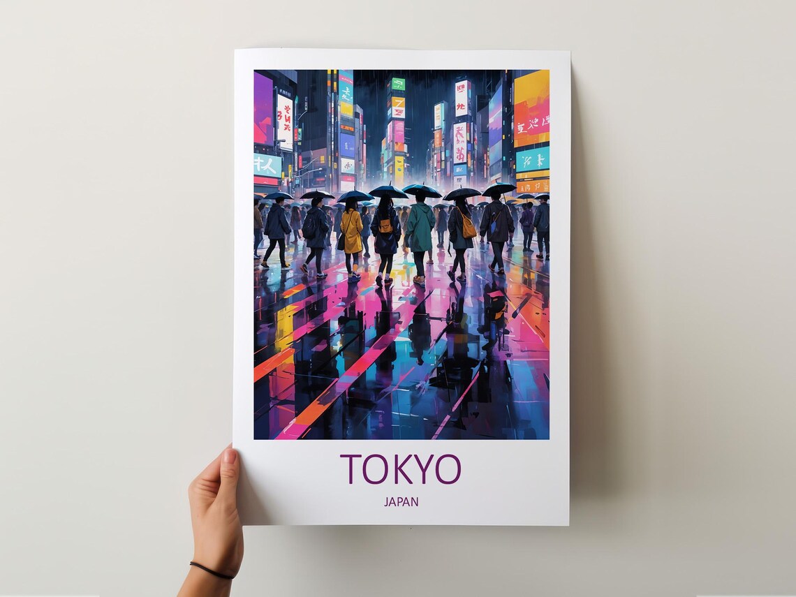 Tokyo Japan Neon City Rainy Night Umbrellas Street Travel Poster - Image 5