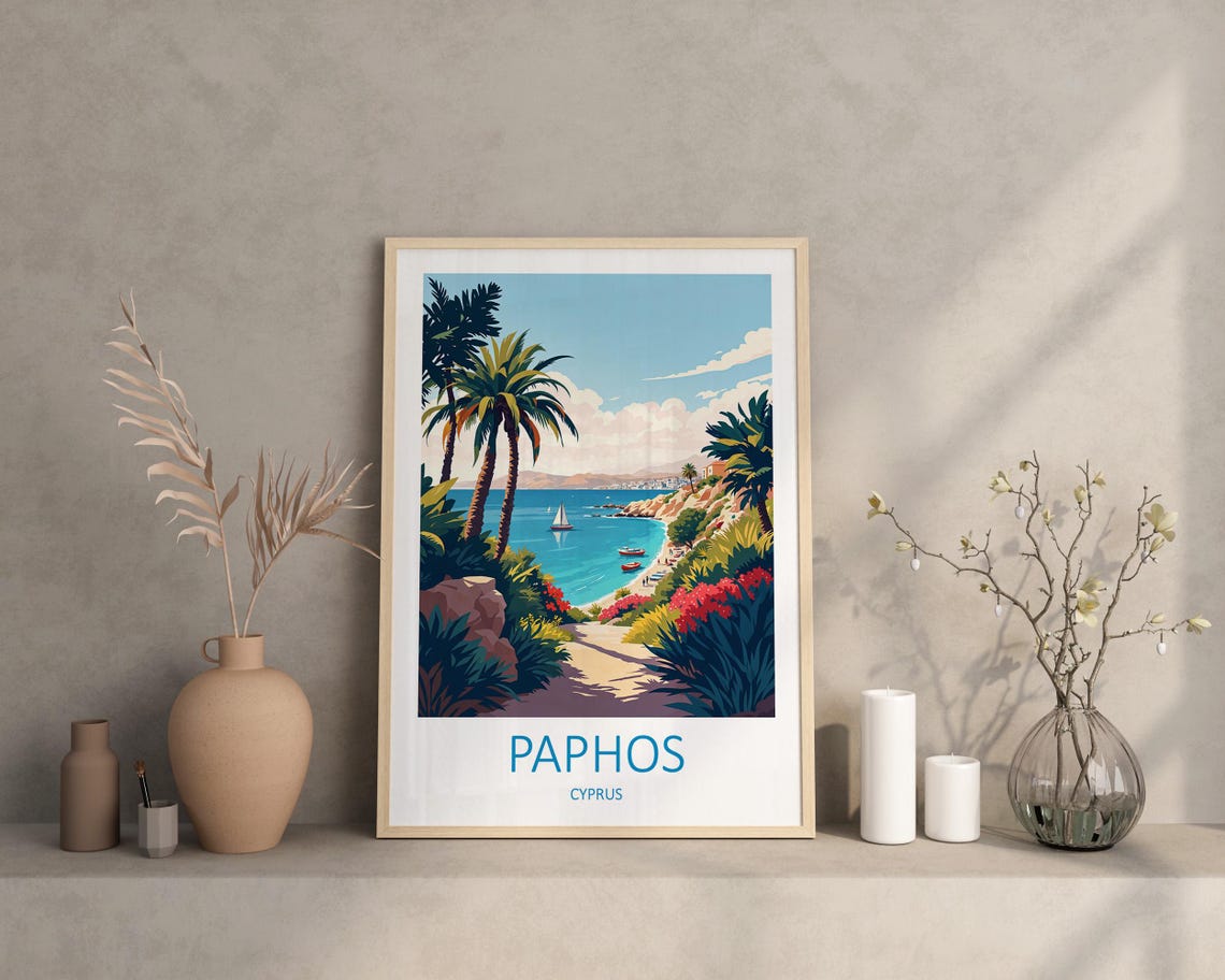 Paphos Cyprus Palm Lined Path Down To An Azure Beach Cove Poster - Image 2