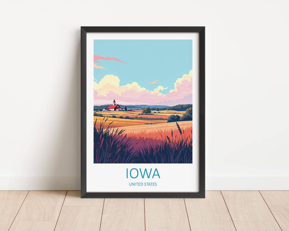 Iowa Travel Print United States Wall Art Lovers Gift Iowa Poster Birthday Present Home Decor Travel Poster Iowa Illustration Landscape