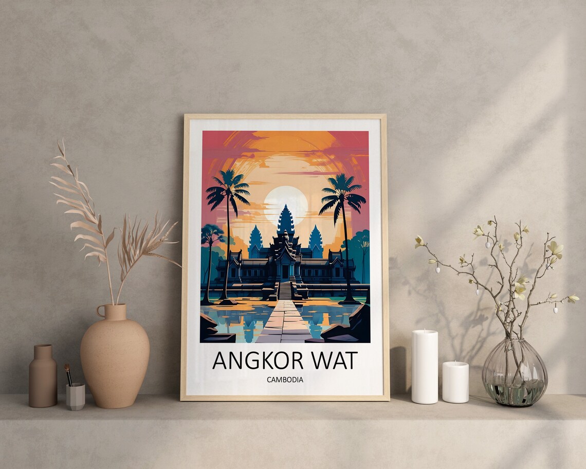 Angkor Wat Cambodia Temple Sunset Palms Reflection Travel Poster - Image 4