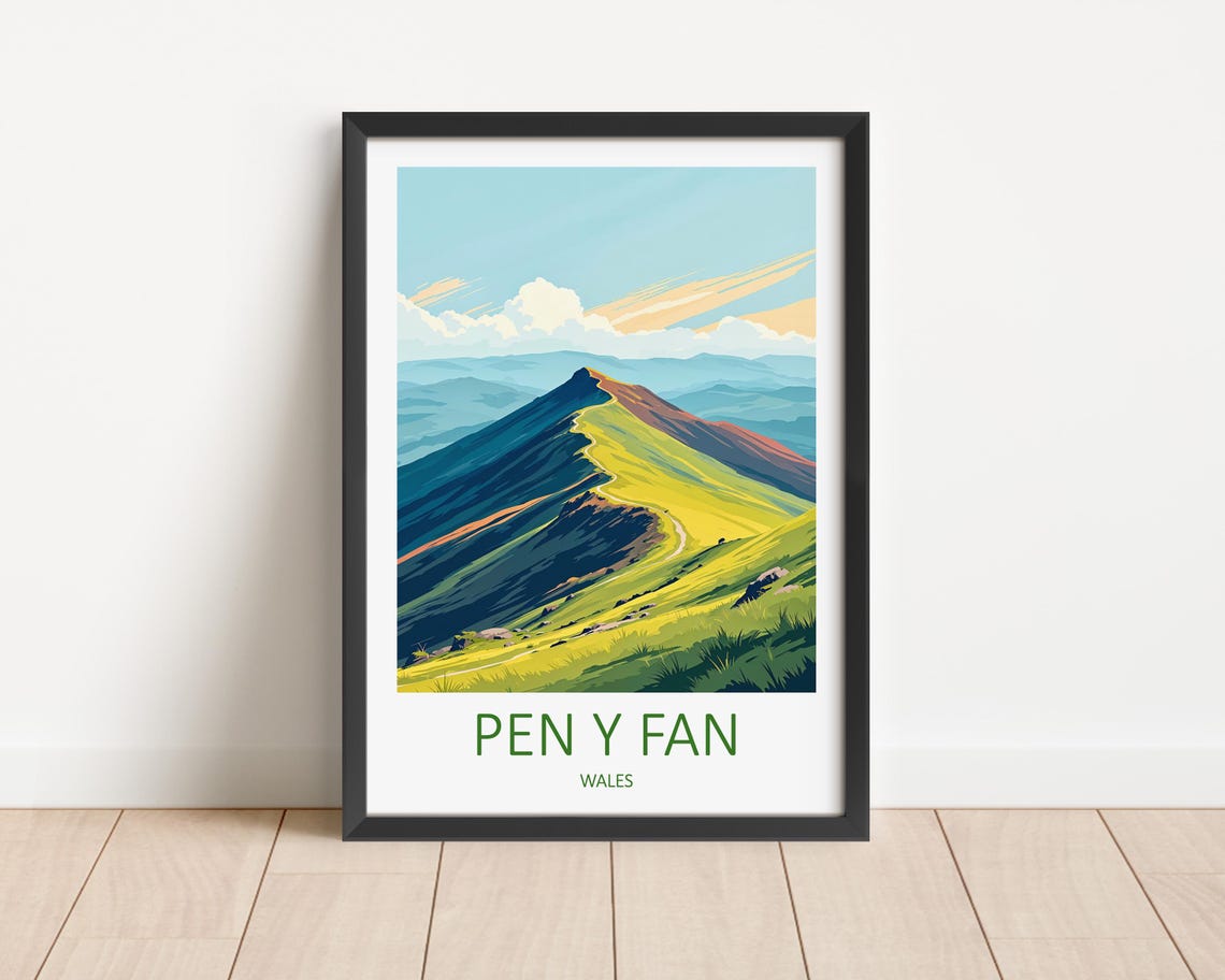 Pen Y Fan Wales Green Mountain Ridge Path Under Open Blue Sky Poster