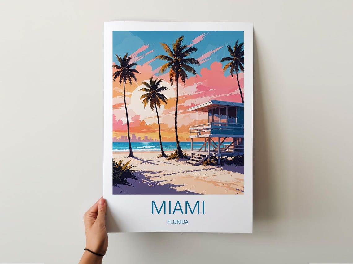 Miami Florida Lifeguard Tower Beach Sunset With Palm Trees Poster - Image 5