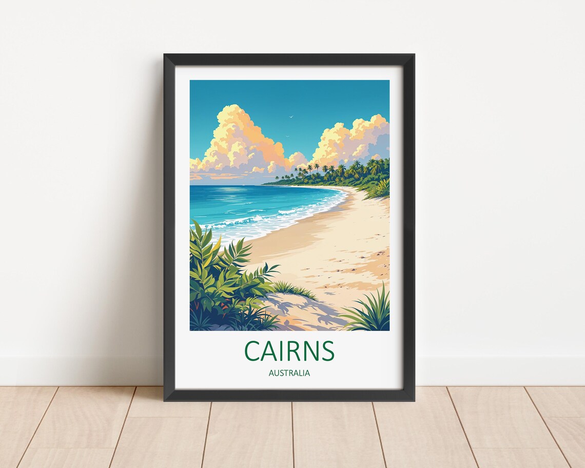 Cairns Australia Tropical Beach Palm Fringed Shore And Clouds Poster