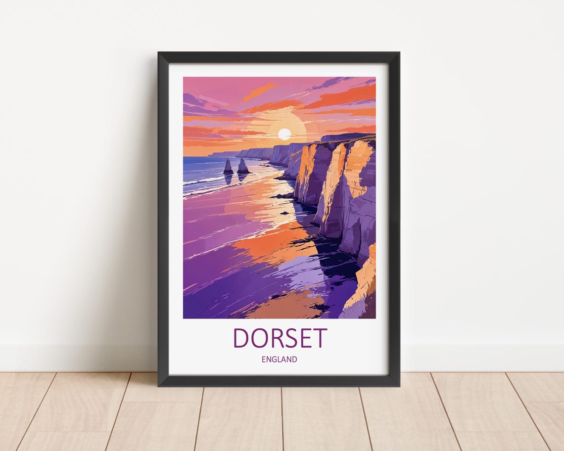 Dorset England Sunset Glow Over White Cliffs and Quiet Beach Poster