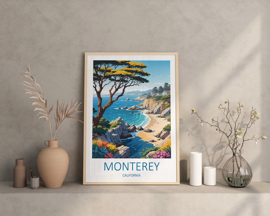 Monterey California Cypress Cove Flowered Beach Travel Poster - Image 4