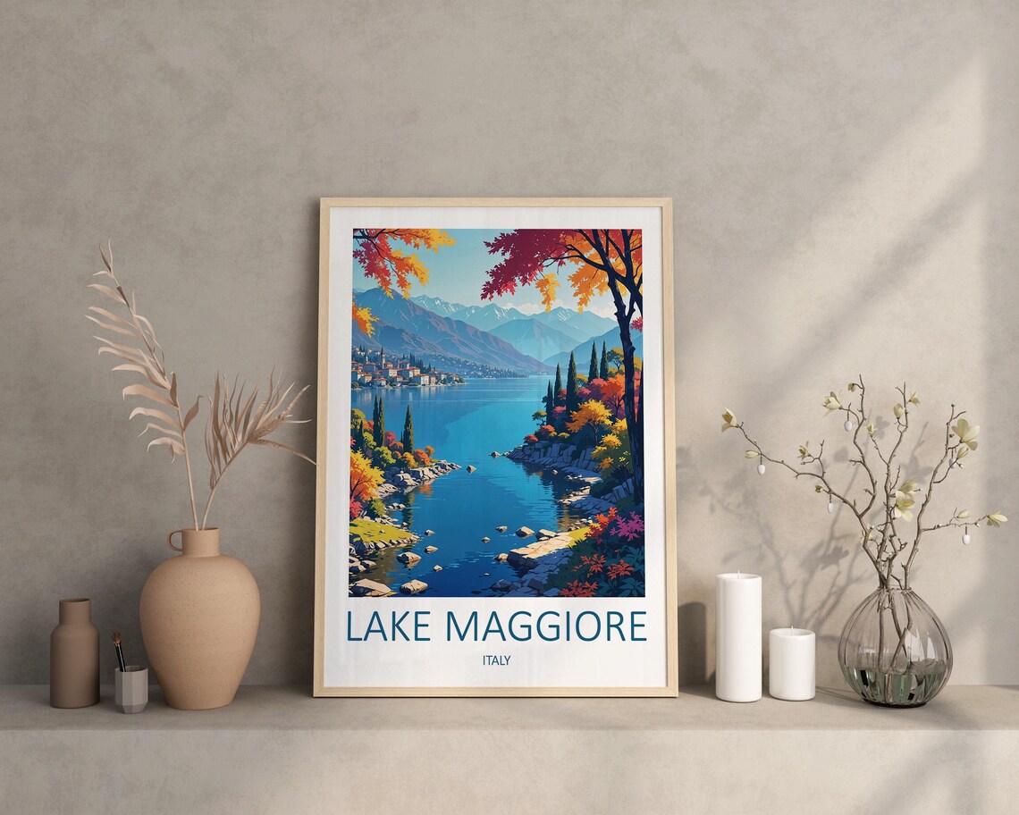 Lake Maggiore Italy Autumn Lakeside Mountain Village View Poster - Image 2