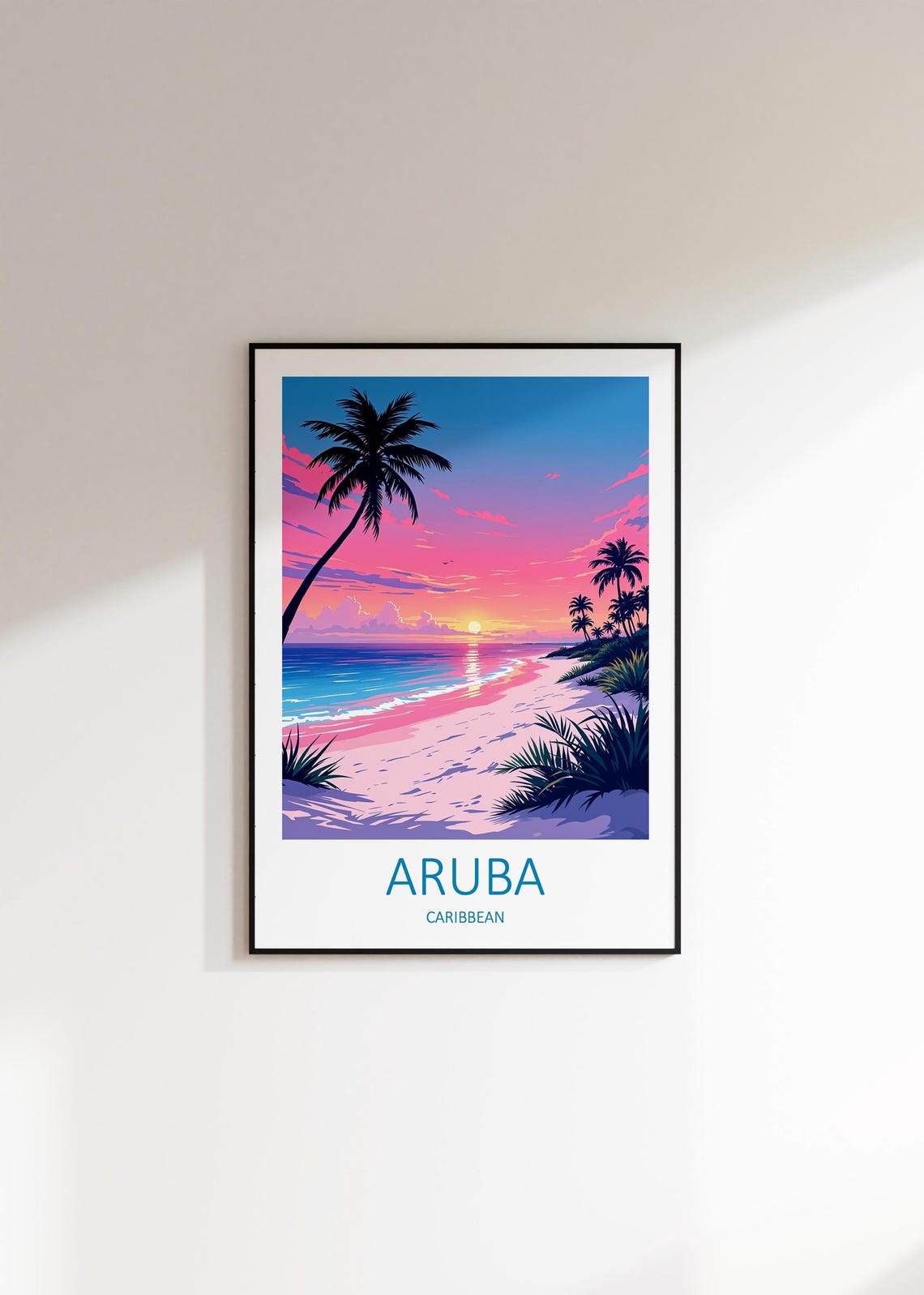 Aruba Caribbean Pink Sunset Beach With Palm Silhouettes Poster - Image 2