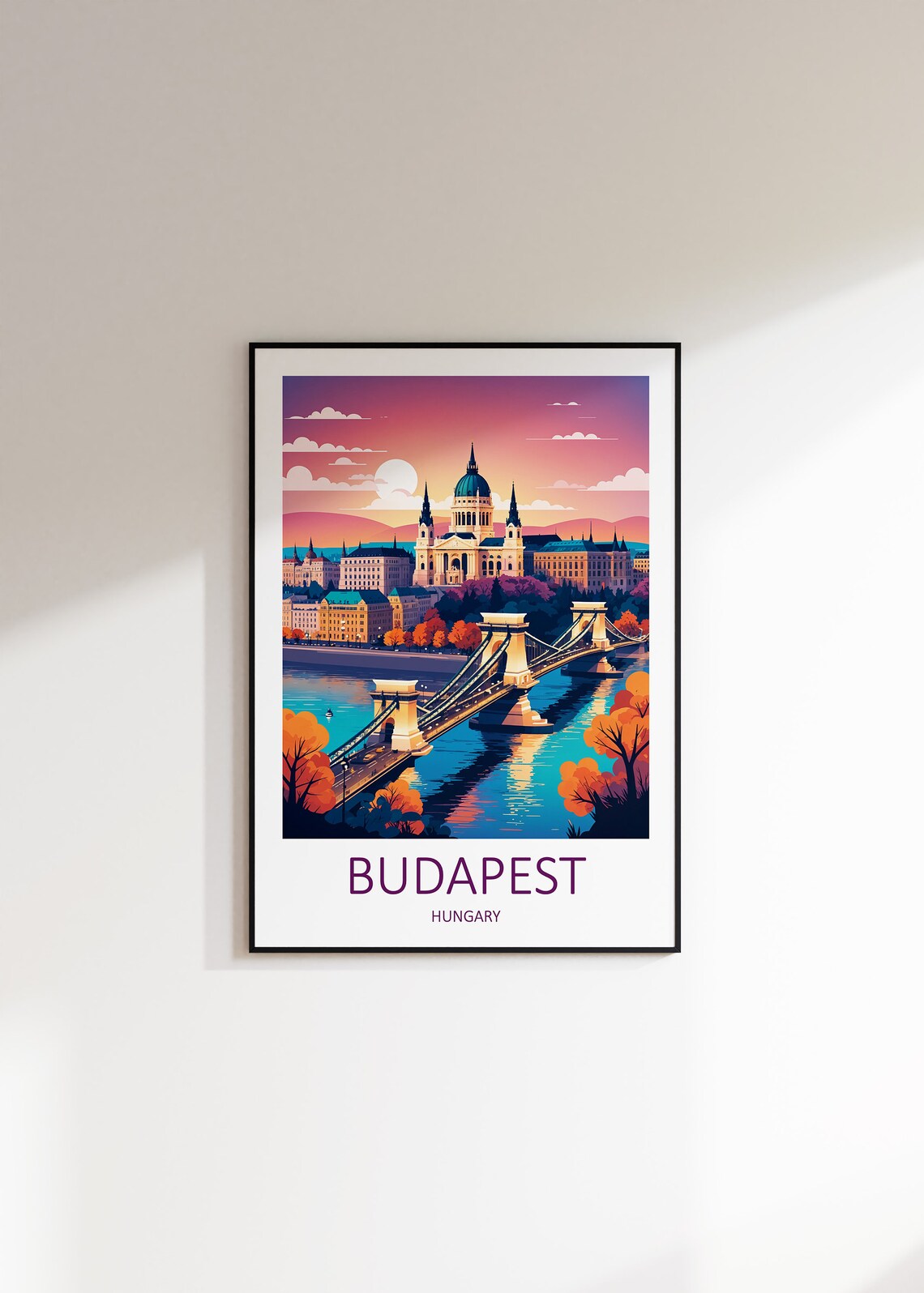 Budapest Hungary Chain Bridge Basilica Sunset Danube Travel Poster - Image 3