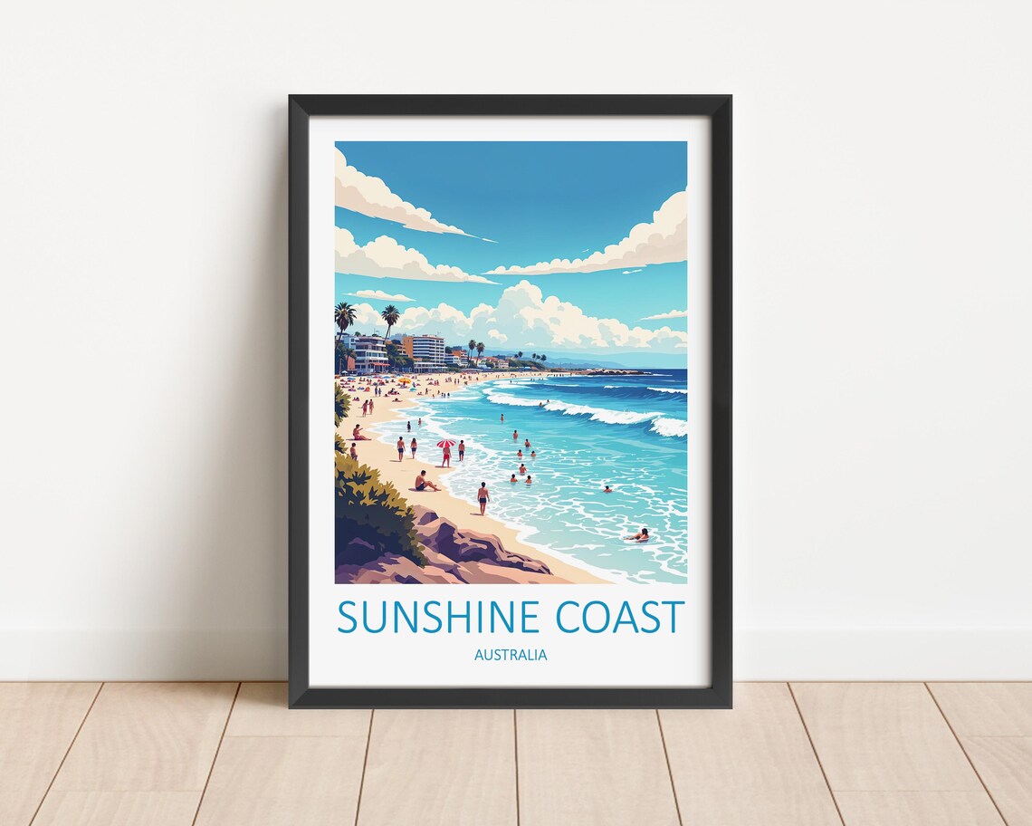 Sunshine Coast Australia Beach Day With Swimmers and Surf Poster