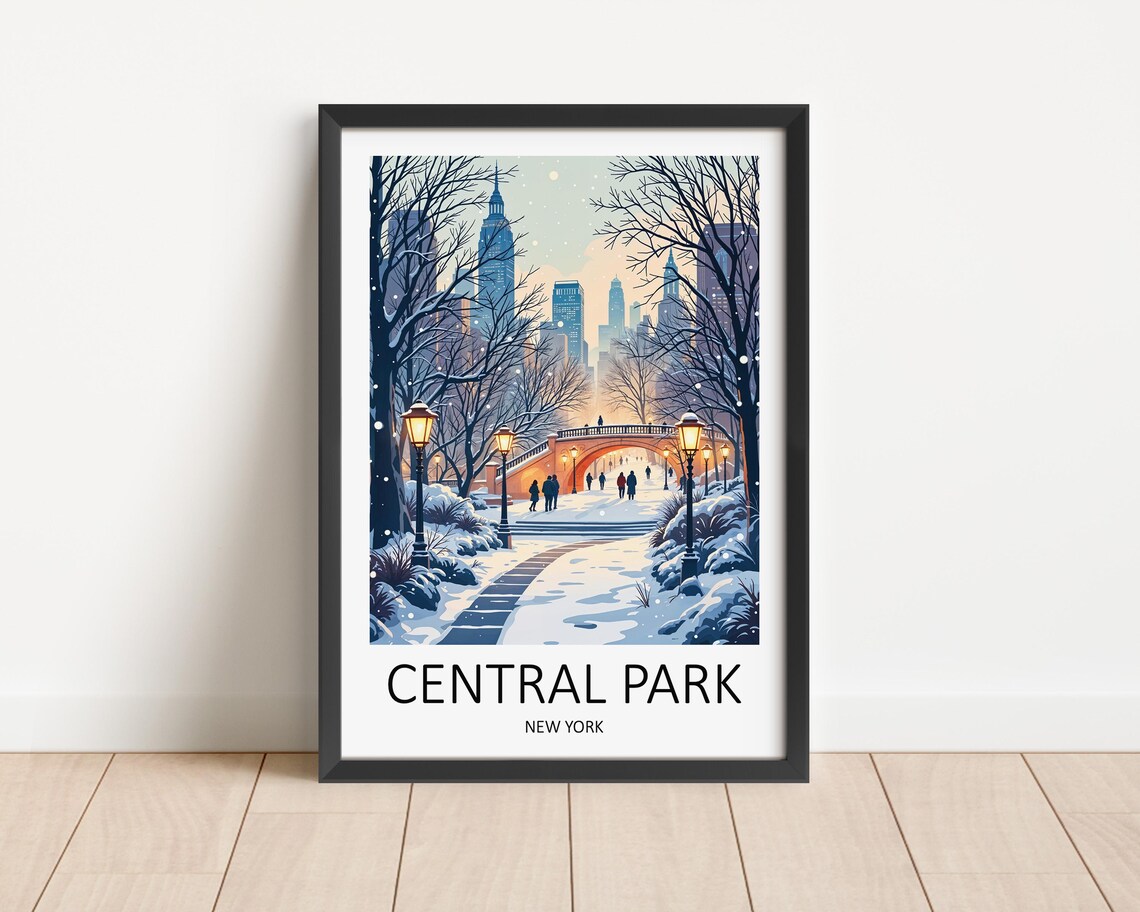 Central Park New York Snowy Winter Bridge City Travel Poster
