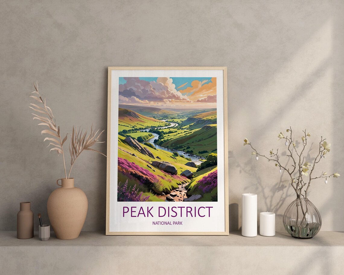 Peak District National Park Green Valley River Heather Hills Poster - Image 2