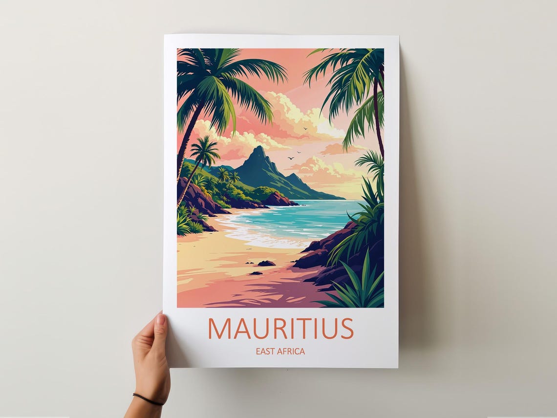 Mauritius East Africa Tropical Beach Palm Trees Mountain Sunset Poster - Image 5