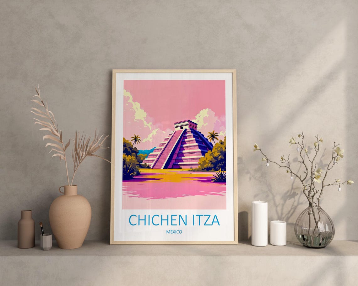 Chichen Itza Mexico Mayan Pyramid Pink Sunset Sky Travel Poster - Image 3