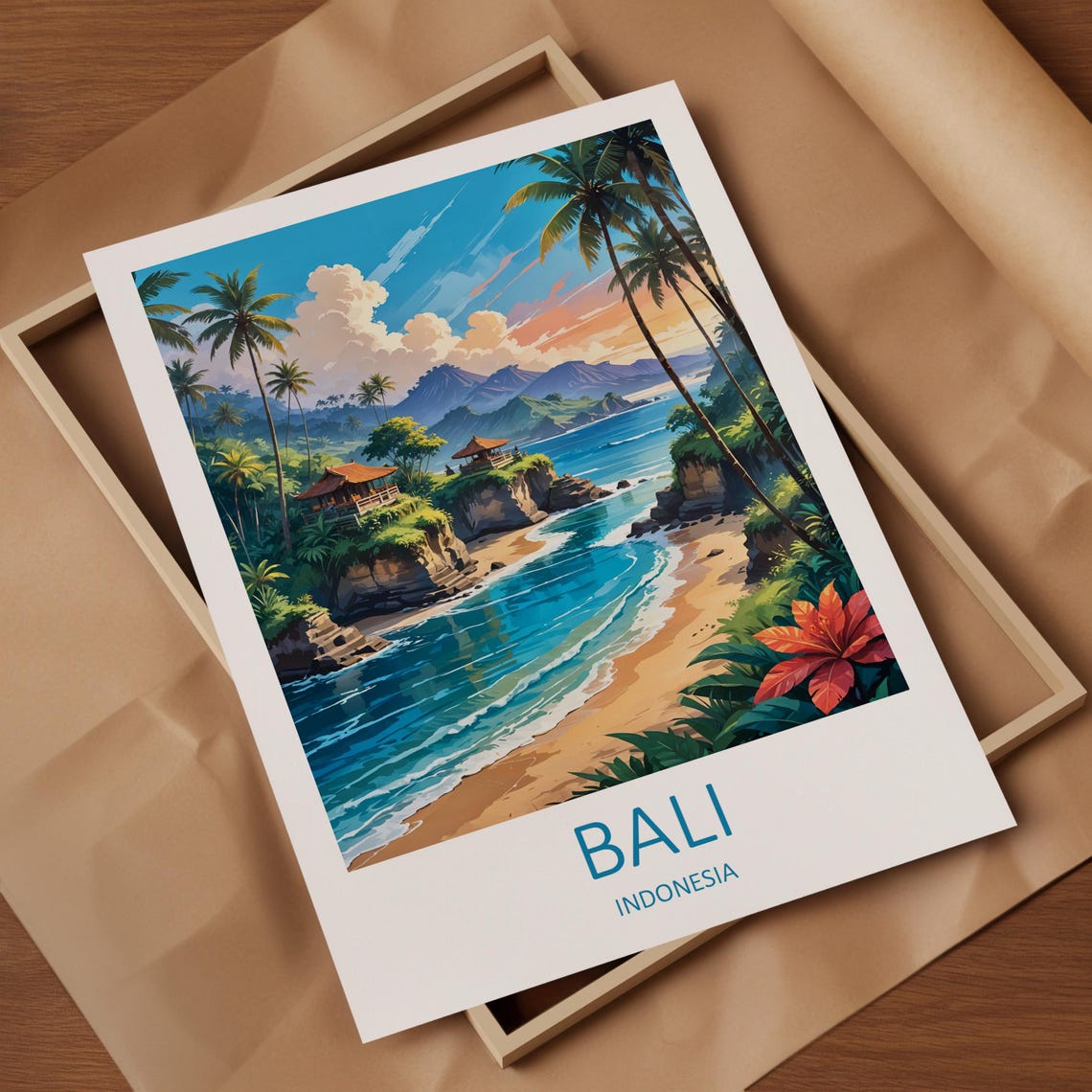 Bali Indonesia Cliff Temple Beach With Palms And Turquoise Sea Poster - Image 4