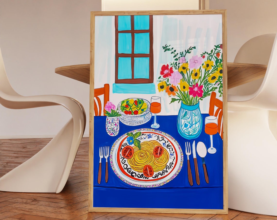 Spaghetti Dinner Table Colorful Kitchen Illustration Pasta Art Print