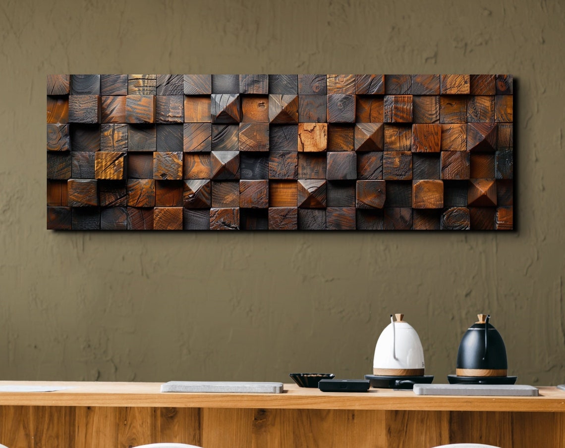 Dark Carved Wood Block Grid 3D Textured Rustic Panoramic Poster