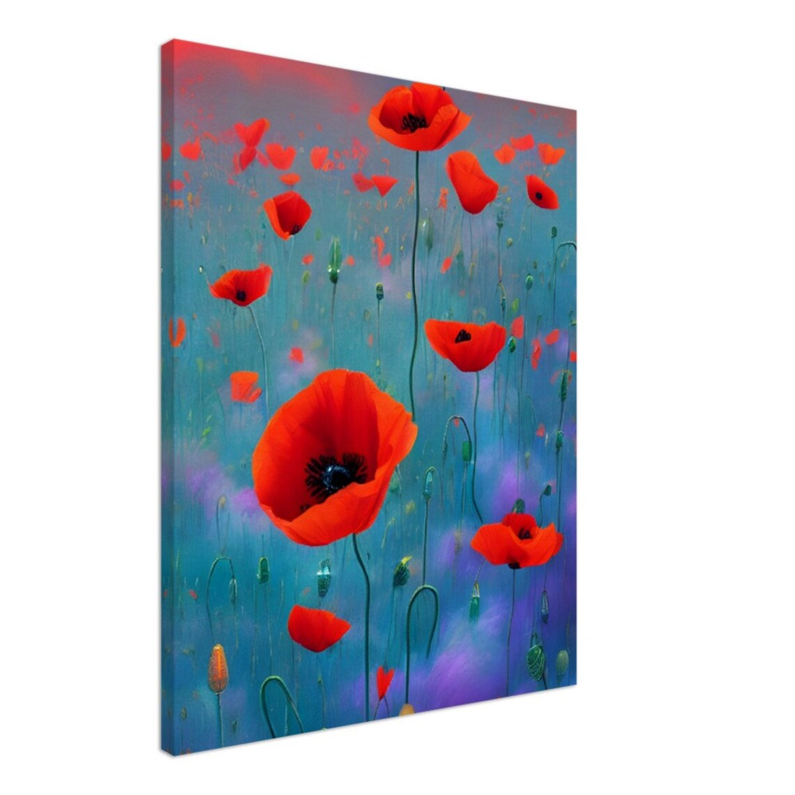 Red Poppies Teal Mist Evening Wildflower Field Scene Art Poster - Image 2