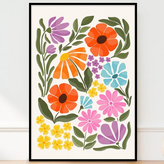 Abstract Floral Art Print Colorful Hand Drawn Matisse Style Botanical Maximalist Wall 5x7 8x10 11x14 16x20 18x24 24x36 Unframed