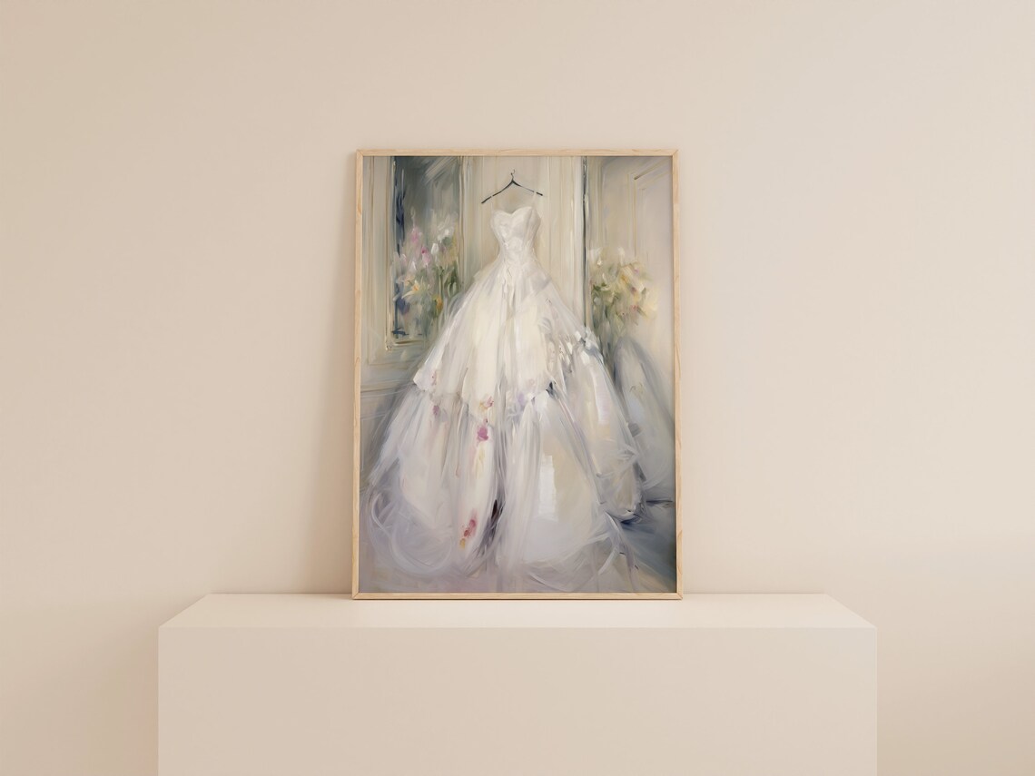White Bridal Gown on Hanger Soft Floral Impressionist Painting Poster - Image 2