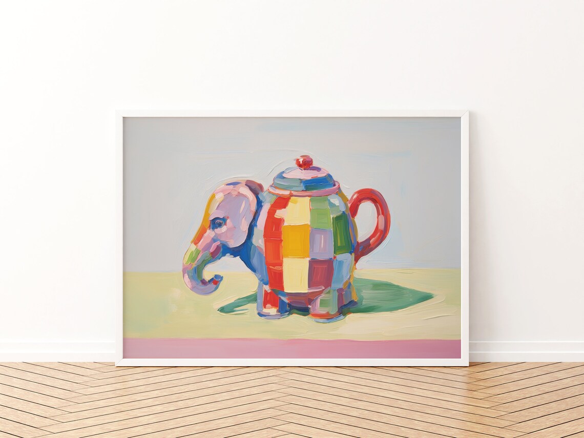 Elephant Teapot Painting, Eclectic Coffee Nook Art Print - Image 3