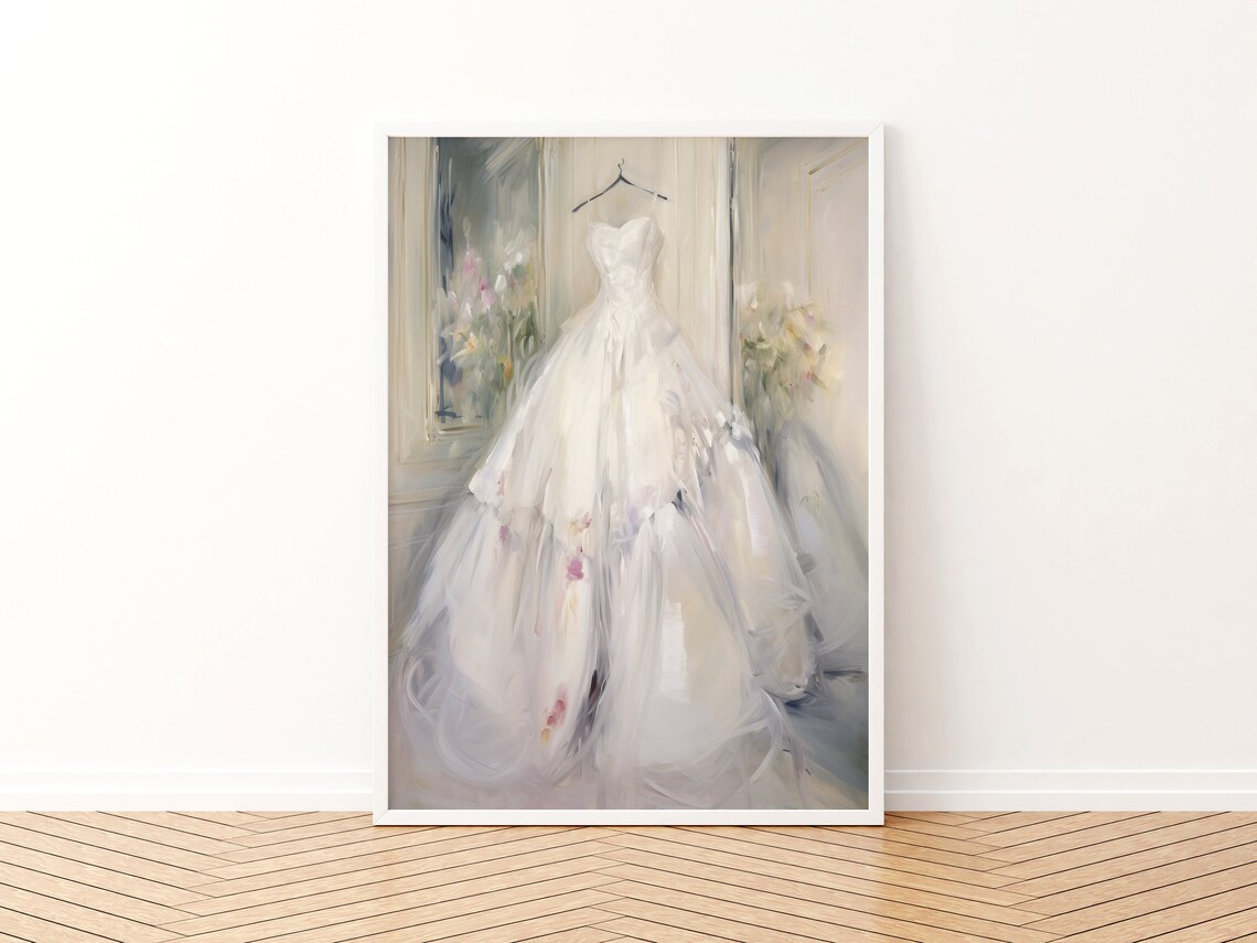 White Bridal Gown on Hanger Soft Floral Impressionist Painting Poster - Image 3