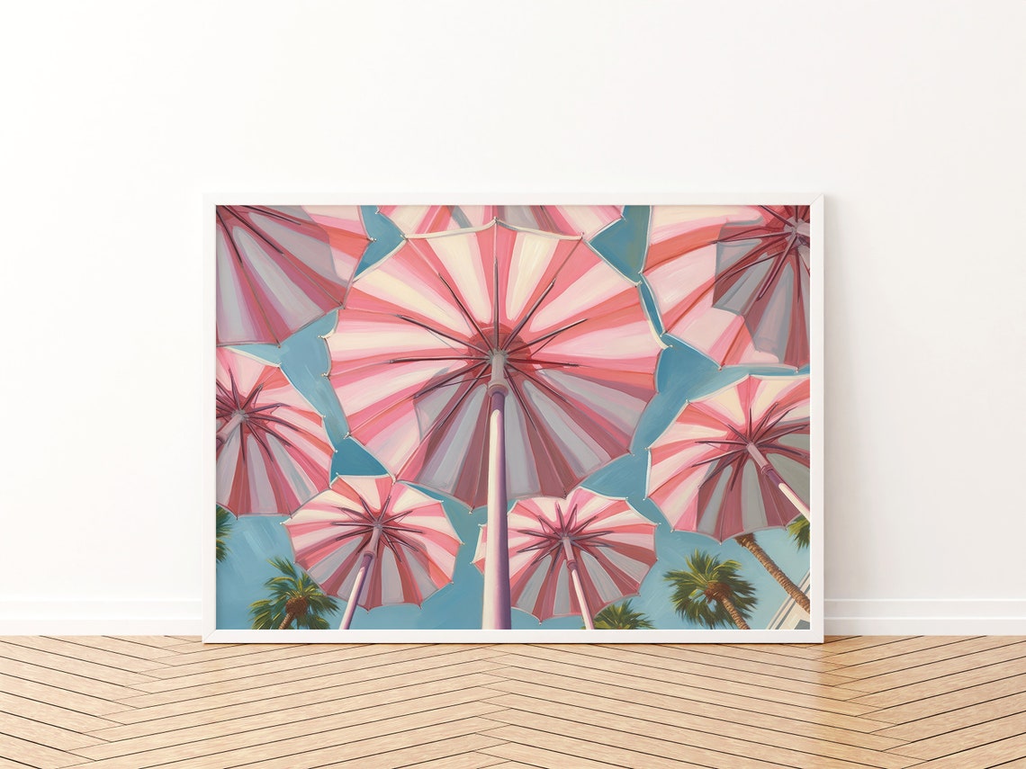 Retro Pink Beach Umbrellas From Below Maximalist Coastal Decor Poster - Image 3
