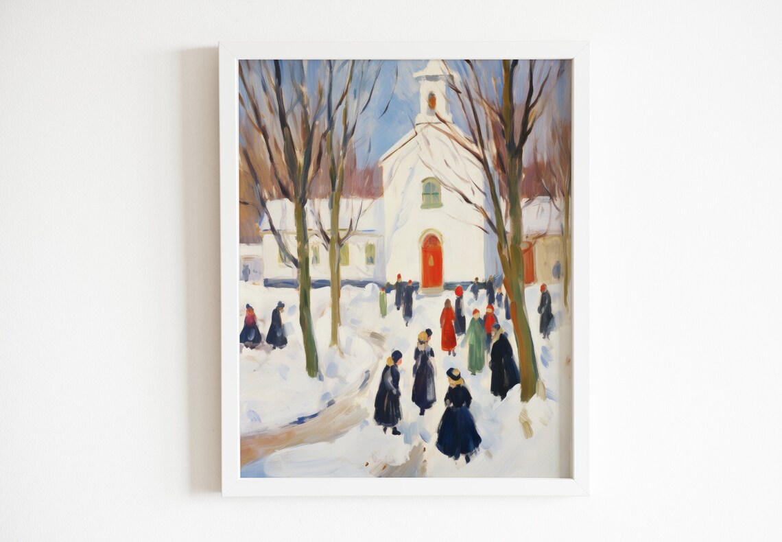 Antique Snowy Village Painting, Rustic Winter Cabin Art - Image 2