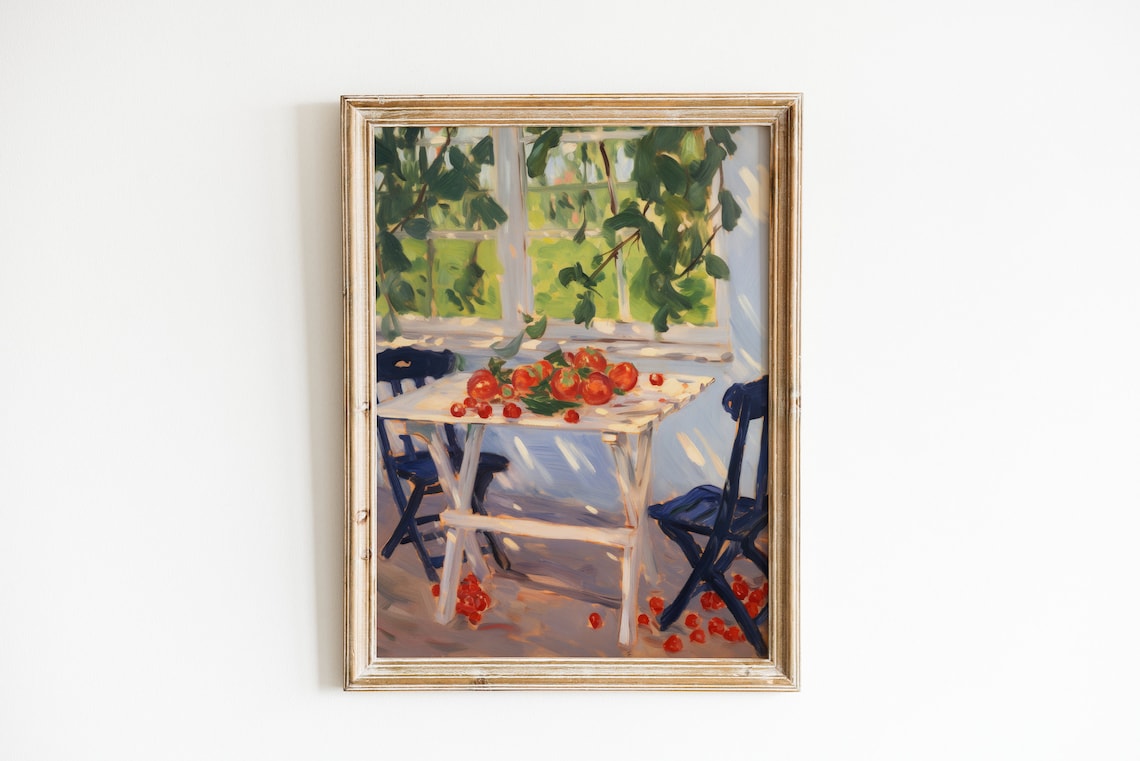 Summer Garden Tomato Painting, Vintage Kitchen Art Print