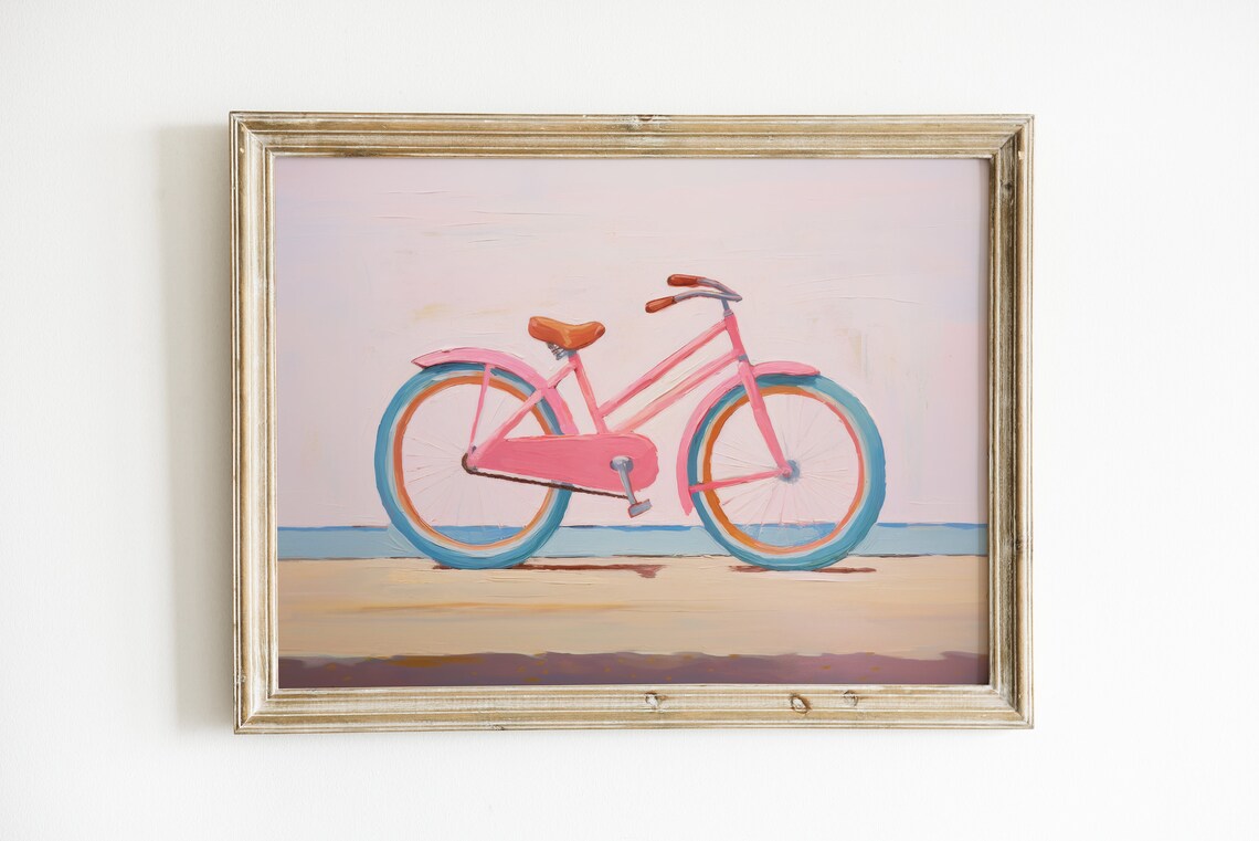 Pastel Pink Bicycle Painting By The Sea Beach Bike Artwork Print