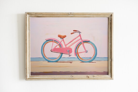 Pastel Pink Bicycle Painting By The Sea Beach Bike Artwork Print