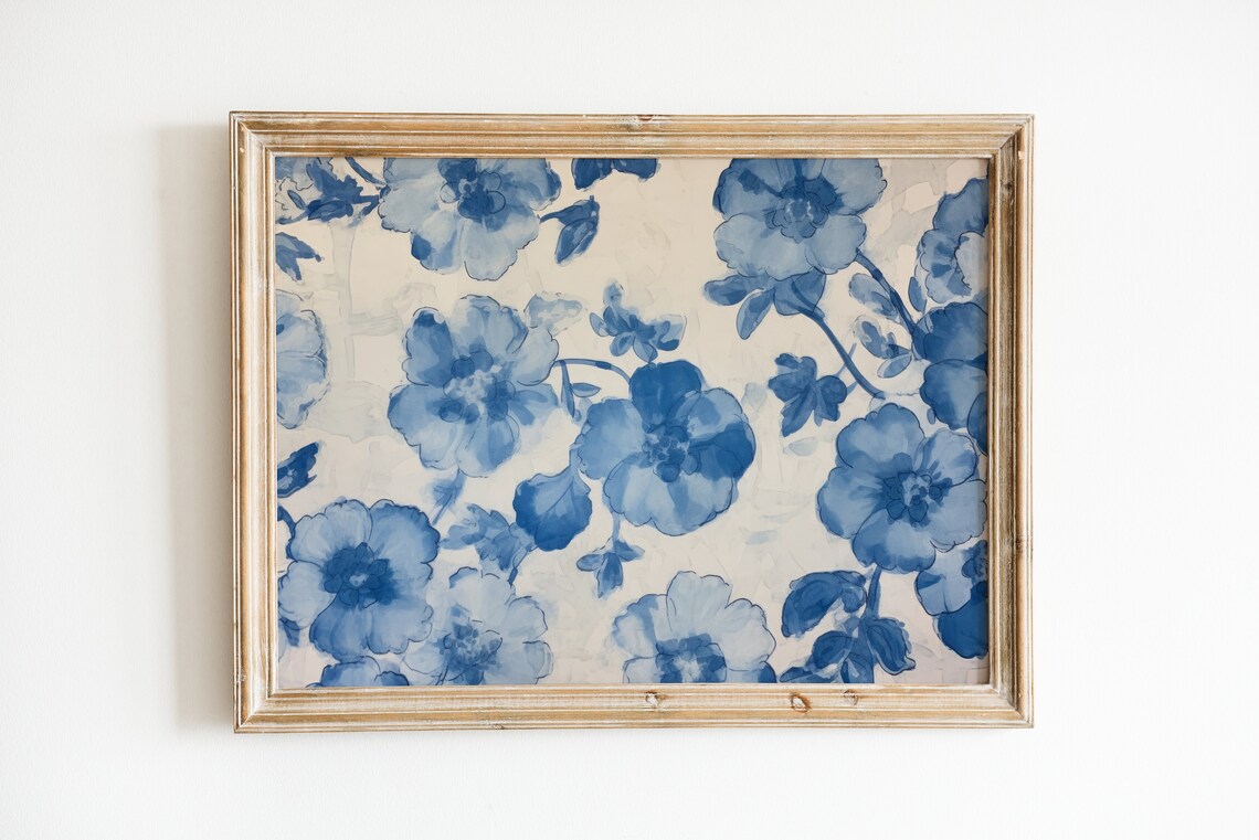 Blue Apartment Print, Grandmillennial Floral Art Print