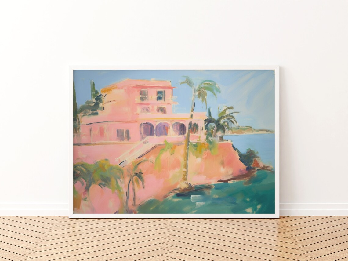 Dreamy Pink Cliffside Villa Palms Sea Watercolor Coastal Print - Image 3