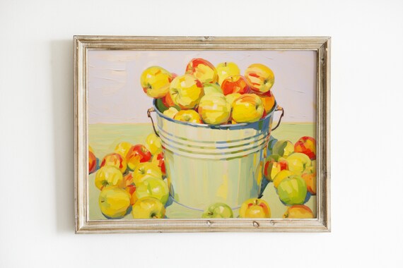 Bucket of Fresh Harvest Apples Still Life Oil Painting Kitchen Poster