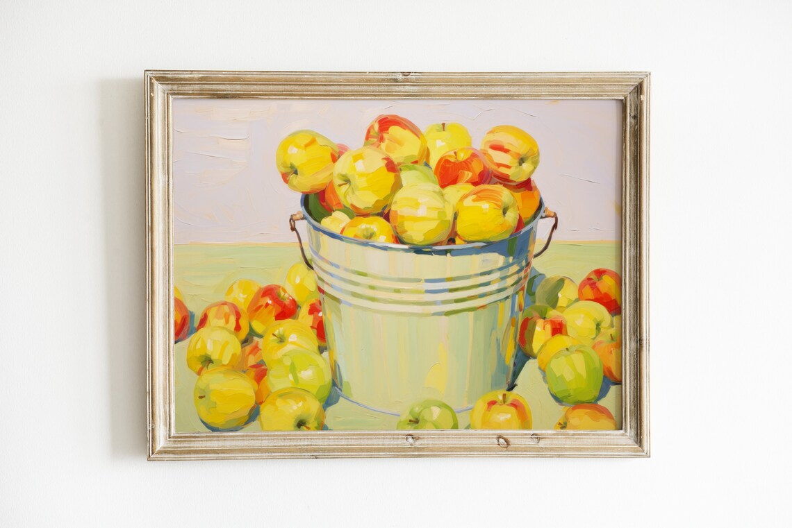 Bucket of Fresh Harvest Apples Still Life Oil Painting Kitchen Poster