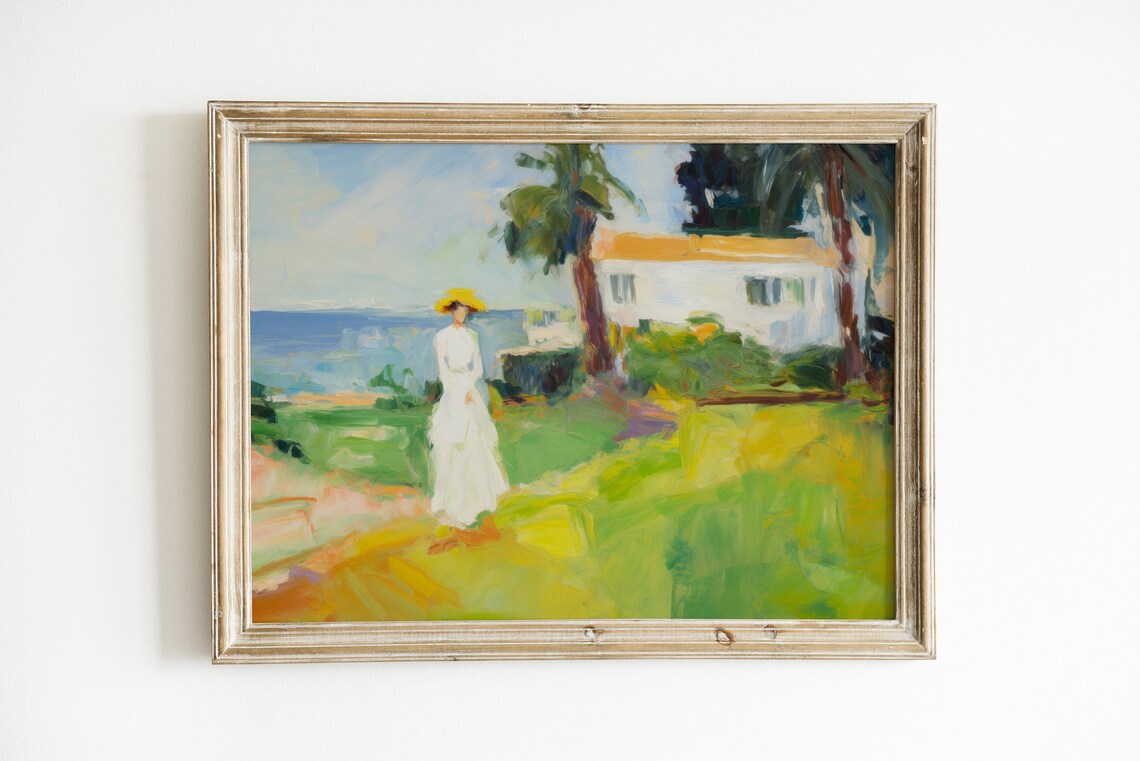 Woman in White Dress Sunlit Coastal Garden Impressionist Painting Poster