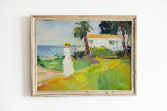 Woman in White Dress Sunlit Coastal Garden Impressionist Painting Poster
