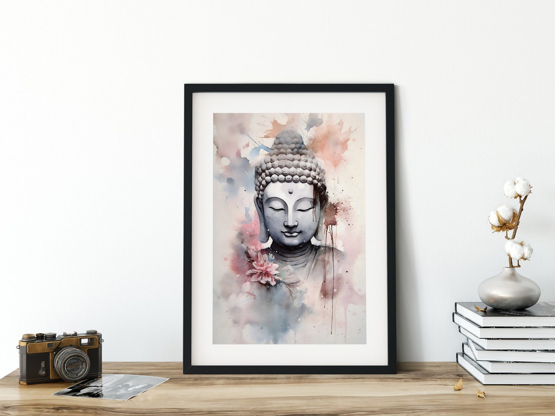 Buddha Statue Watercolor Portrait Pink Floral Meditation Wall Art - Image 5