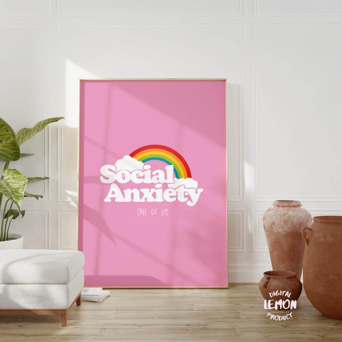 Social Anxiety Wall Art Funny Rainbow Poster Pink Decor Quirky Artwork Modern Home Or Dorm Decor