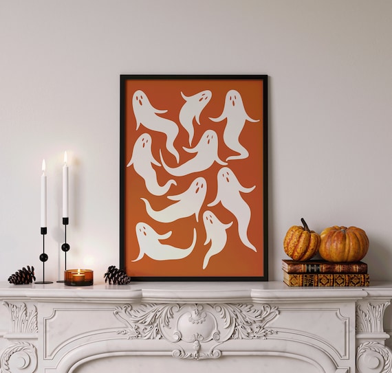 Cute White Ghost Pattern Burnt Orange Retro Spooky Halloween Poster