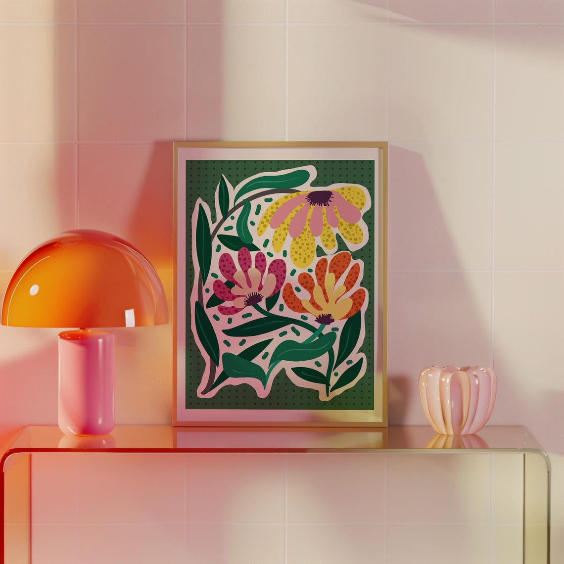 Colorful Floral Boho Daisy Green Background Modern Botanical Poster - Image 4