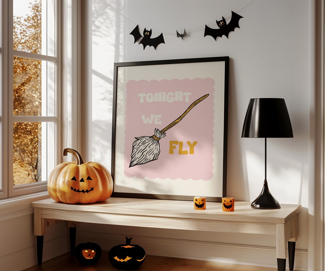 Tonight We Fly Witch Broom Pink Cute Retro Quote Halloween Wall Art - Image 2